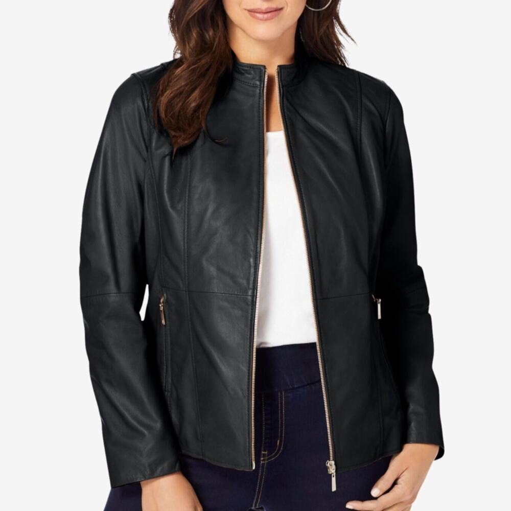 Jessica London Plus Size Zip Front Leather Jacket